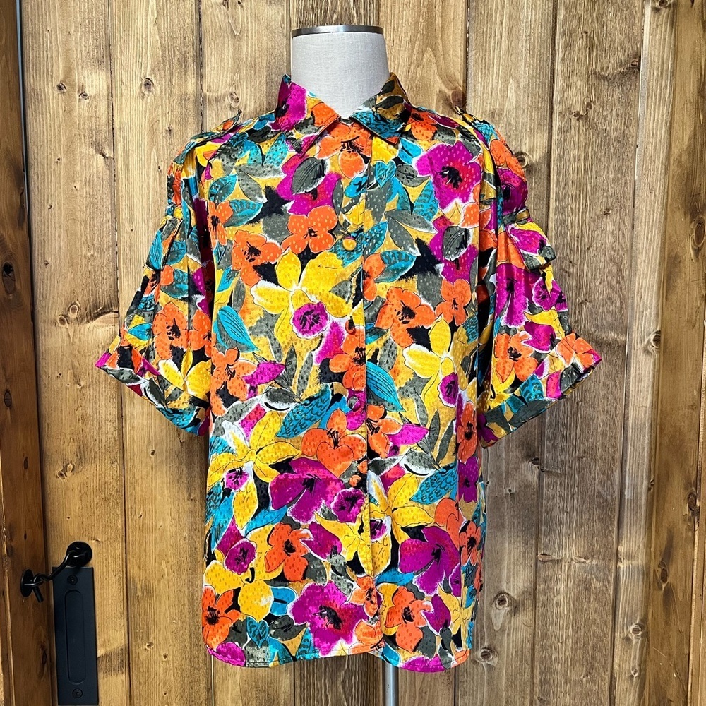 Oscar de la Renta Large/XL Vibrant Floral Vintage Blouse Grannycore Office Wear - Picture 2 of 10